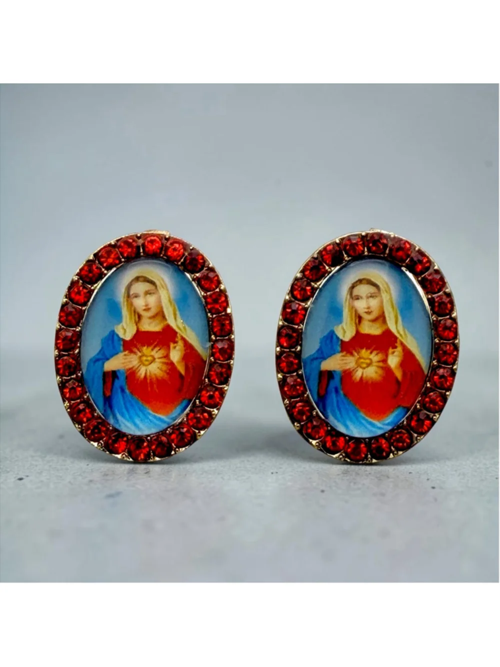 Sacred Heart of Mary Red Rhinestone 1” Oval Stud Earrings Gold Tone Catholic